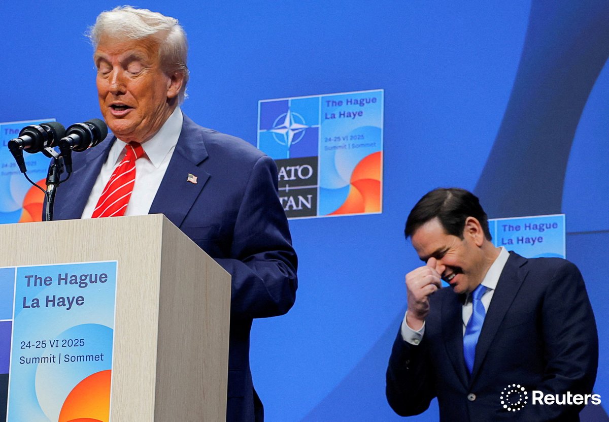 corinne_perkins's tweet image. President Donald Trump speaks at a press conference, as Secretary of State Marco Rubio reacts to a Sky News reporter's question about NATO Secretary General Mark Rutte calling President Trump 'daddy', at the NATO summit in The Hague, Netherlands. Photo by @brian_photog