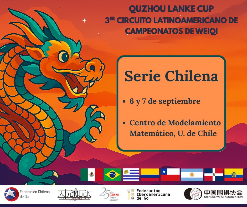fechgo's tweet image. Estimados jugadores, los queremos invitar a la Serie Chilena de la Quzhou Lanke Cup – 3er Circuito Latinoamericano de Campeonatos de Weiqi que se celebrará en la ciudad de Santiago los días 6 y 7 de septiembre del presente año.

igochile.cl/igochile2/3er-…