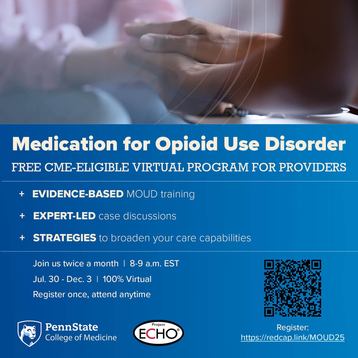 🚨 Primary Care Providers: Get free CME credit &amp; practical skills to treat Opioid Use Disorder! Join our virtual MOUD program—every other Wednesday, 8-9 AM EST, Jul–Dec. Save lives with evidence-based care! 💙💊 Register: redcap.link/MOUD25  

#MOUD #CME #opioidcrisis