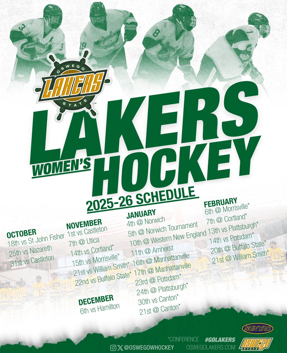 It's the official Oswego Women's Ice Hockey schedule release for the 2025-26 season!!

The Lakers are set to celebrate their 20th anniversary season since the relaunch of the women’s ice hockey program in 2006!

Season tickets available now!

#GoLakers