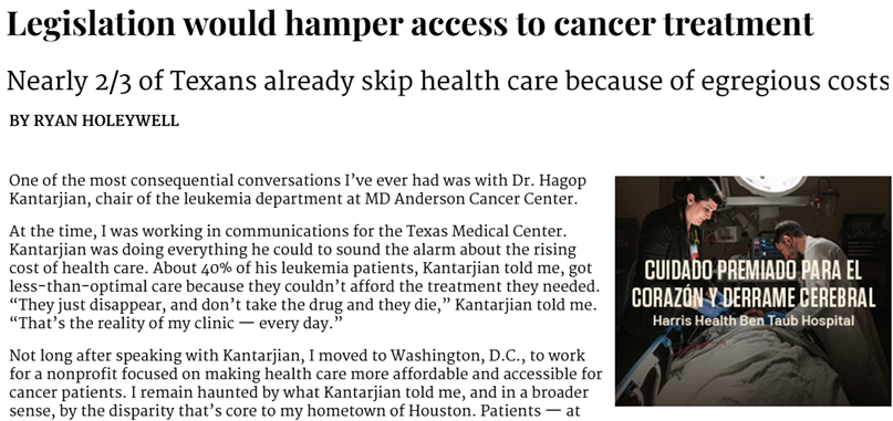 RyanHoleywell's tweet photo. Texas elected officials and business leaders take pride in the state's leadership in the fight against cancer.

But by supporting proposed healthcare cuts, many lawmakers are making it even harder for Texans to survive this disease.

My latest in @HoustonChron / @ChronOpinion https://t.co/Inmq9zS6sg