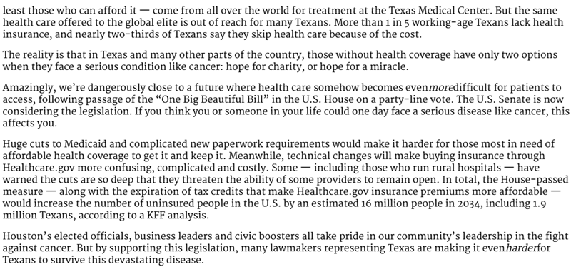 RyanHoleywell's tweet photo. Texas elected officials and business leaders take pride in the state's leadership in the fight against cancer.

But by supporting proposed healthcare cuts, many lawmakers are making it even harder for Texans to survive this disease.

My latest in @HoustonChron / @ChronOpinion https://t.co/Inmq9zS6sg