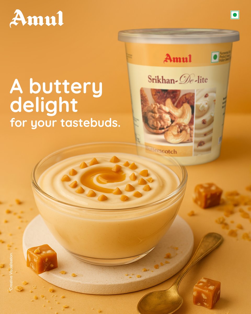 Amul_Coop's tweet image. Say hello to golden caramel dreams! The smooth and buttery charm of Amul Srikhan De lite Butterscotch melts into your soul with every spoon.

#AmulSrikhanDelite #Butterscotch #Flavourful #Amul #Delicious #Creamy