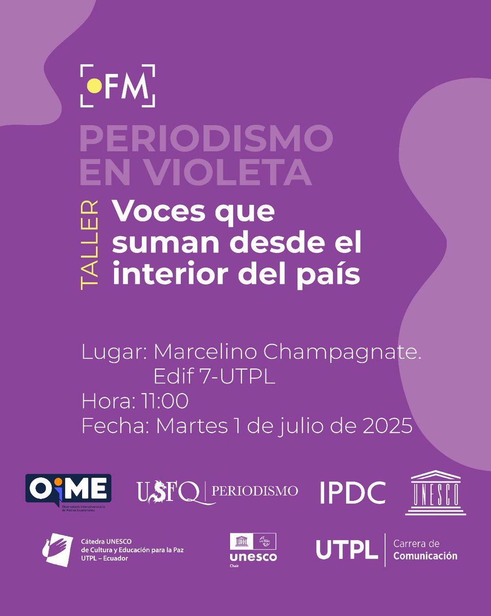 💥 ¡Rompe el techo de cristal!
🎙️ Taller gratuito sobre la realidad de las mujeres periodistas en Ecuador 🇪🇨

📜 Las y los participantes recibirán certificado digital.

Link de inscripción: acortar.link/s9mRua

¡Te esperamos! 💪✨