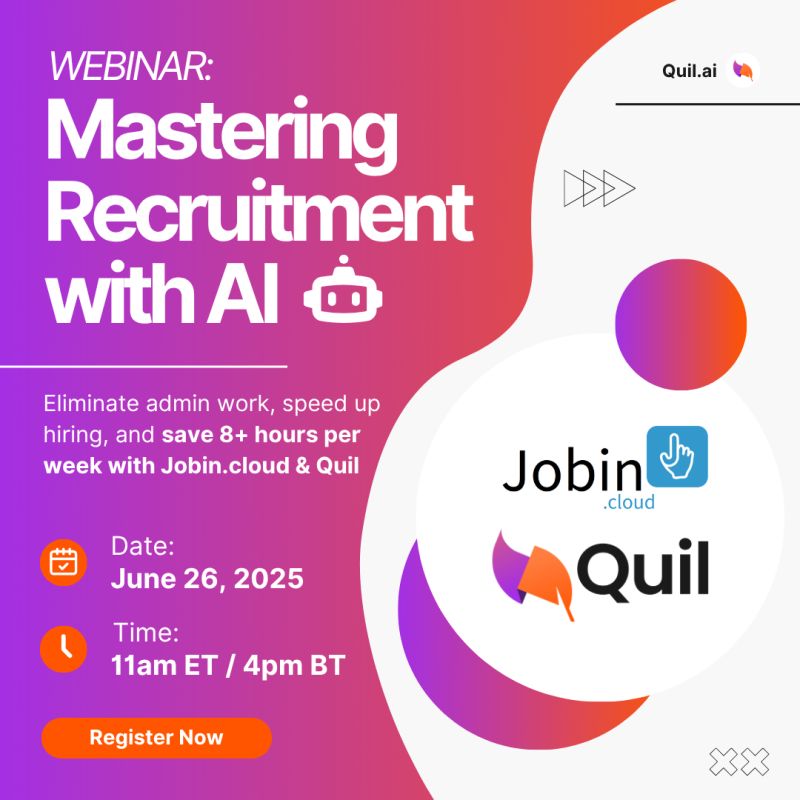 jobin_cloud's tweet photo. 🚨 TOMORROW, JUNE 26 at 11AM ET / 4PM BT 
FREE live #webinar to see how https://t.co/S1TdiiJDxV + Quil combine forces to help #recruiters work faster, smarter, and stress-free.
Register now 👇https://t.co/bArxH9HrVG
#ai #ATS #ProductivityHack https://t.co/A0cmaId1Hp