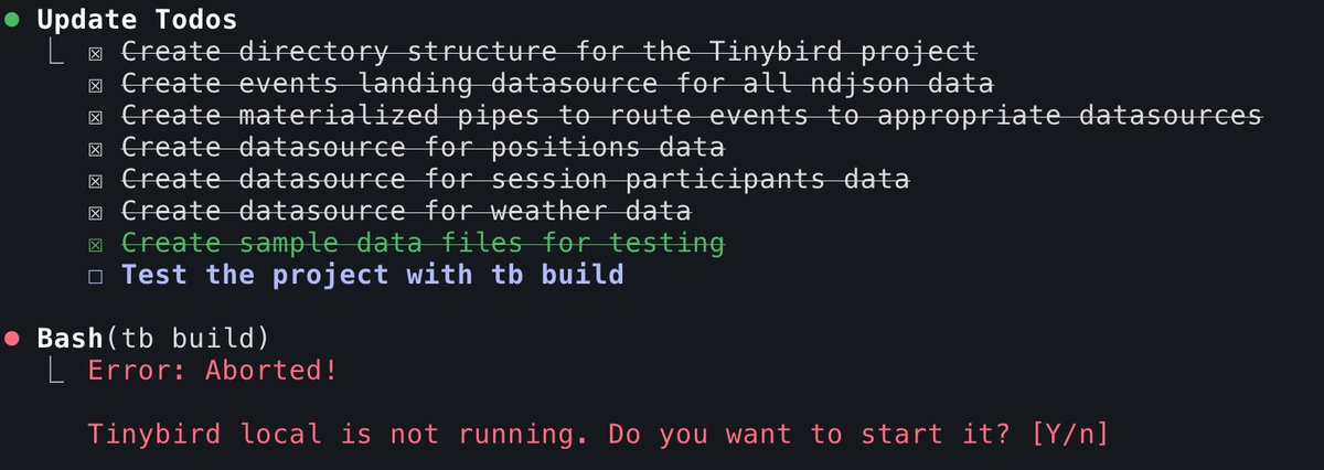 A simple example to make the life of a coding agent way better (if you are building a CLI)

`tb build` only works when the dev server is running so we raise an error