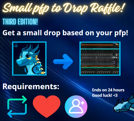 Kyran_Music's tweet image. I have to wait like 57 hours for a new orchestral plugin to download therefore the commissions will be a little bit delayed sooooo

Third edition of the Tiny pfp-to-drop raffles!!!

Rules same as always, like, retweet and follow me!! (we are kinda close to 1000 &amp;lt;3)

Good luck!