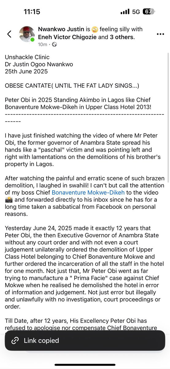 Karma is indeed a b!tch!

Peter Obi made Mr. Bonaventure Mokwe cry as he watched them demolish his hotel.

12 years later Peter Obi his spreading his hands like Onana while crying over the demolition of his “younger brother’s” property.