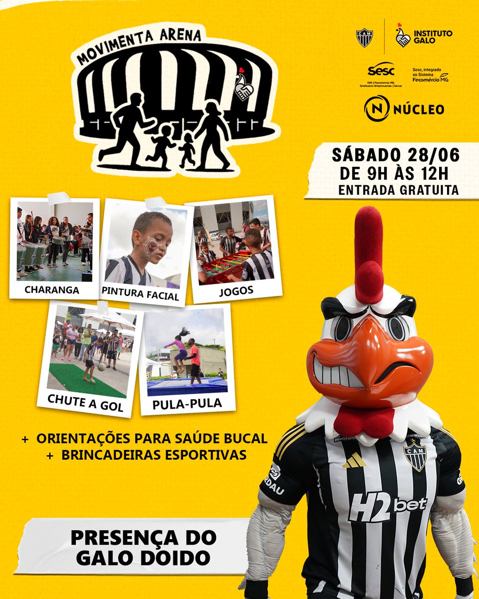 VEM PRA ARENA MRV! 🏟️⚫️⚪️

Neste sábado, dia 28/06, o Instituto Galo abre as portas da Arena MRV para mais uma edição do Movimenta Arena — um evento gratuito e especial para toda a família atleticana!

Vai ter charanga do projeto musical do Instituto, pintura facial, pula-pula,