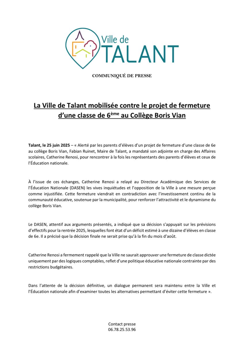 🔴 Projet de fermeture d’une classe de 6ème au collège Boris Vian : c’est non 🔴

Soutien aux équipes pédagogiques, aux parents et aux élèves. 

⬇️ Retrouvez le communiqué de presse de la Ville de Talant ⬇️