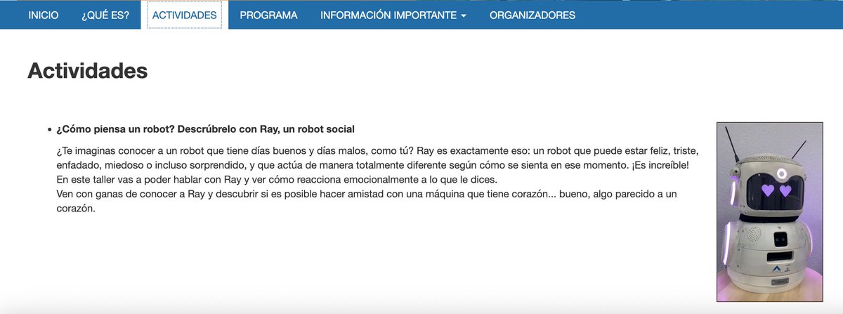 ArranzParaiso's tweet image. Nos vemos el jueves 11 de 15 a 16:30 en el Campus Joven Internacional @UAM_Madrid ¿Os animáis a conocer a Ray 🤖? Él está muy emocionado 😍