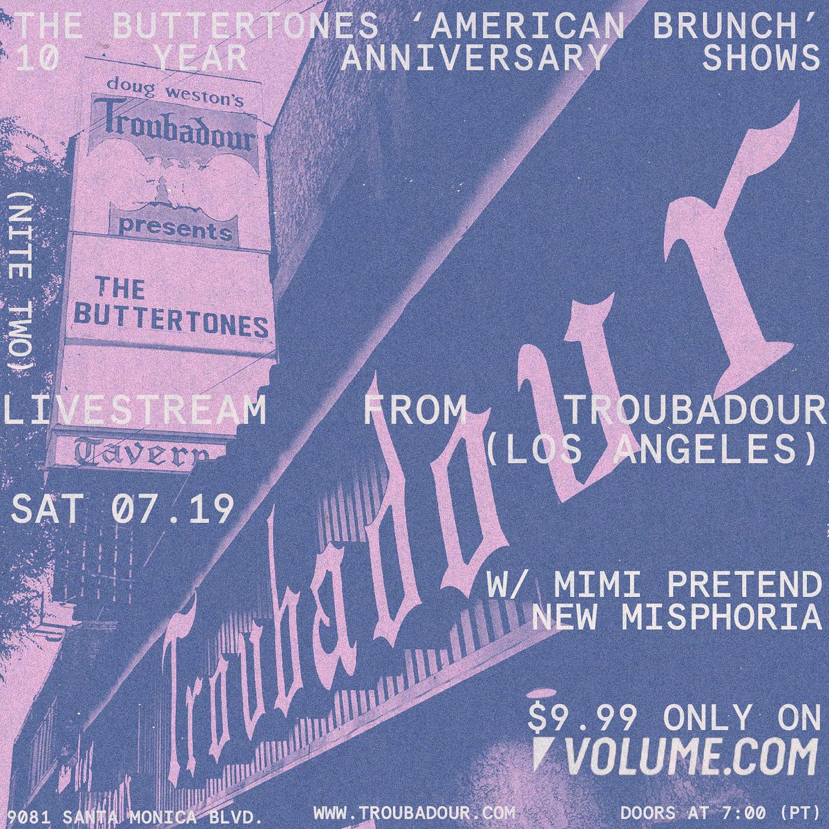 The Buttertones (@btonesband) on Twitter photo ‘American Brunch’ 10 Year Anniversary Shows
Experience Nite 2 Sat July 19 live from the Sold Out <a href="/theTroubadour/">Troubadour</a> with @newmisphoria @mimi_pretend
Streaming exclusively on Volume.com
Don’t miss you. Secure your spot 💜 ‘American Brunch’ 10 Year Anniversary Shows
Experience Nite 2 Sat July 19 live from the Sold Out <a href="/theTroubadour/">Troubadour</a> with @newmisphoria @mimi_pretend
Streaming exclusively on Volume.com
Don’t miss you. Secure your spot 💜