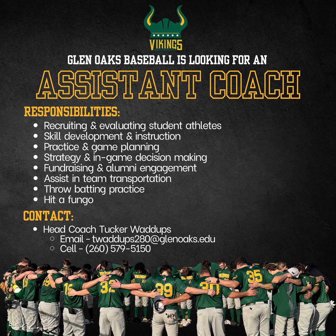 🚨 COACHING OPPORTUNITY 🚨

🏫 Glen Oaks Community College (NJCAA Division II)

⚾️ Part-Time Assistant Baseball Coach

To Apply email Resume &amp; References to twaddups280@glenoaks.edu

More Details Below ⬇️