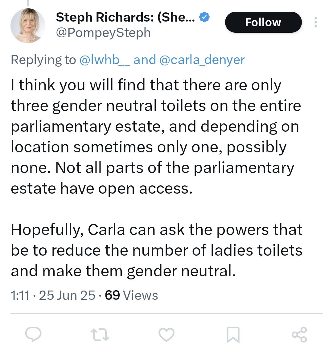 Notice please that it’s not the men’s loos that must become gender neutral despite trans identification occurring among both sexes. Only one set of facilities must be abolished like only one word (woman) is being abolished from elite language. Now why is that I wonder.