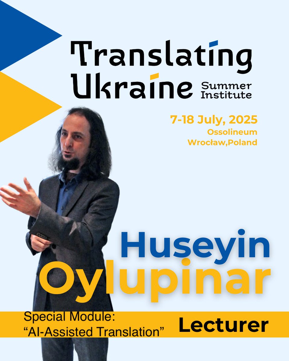 Oleh_Kotsyuba's tweet image. This year at the Translating Ukraine Summer Institute, we've planned two special modules for all participants. One of them is dedicated to AI-assisted translation and will be taught by Hüseyin Aylupinar. Given the proliferation of AI tools for translation and composition of…