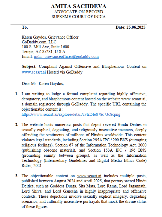 SachdevaAmita's tweet photo. Complaint Filed Against Blasphemous Content on https://t.co/2foWiEeu72 via GoDaddy

With the blessings of Bhagwan Shri Krishna, a formal complaint has been filed with GoDaddy against the domain https://t.co/2foWiEeu72 for hosting sexually explicit and derogatory depictions of Hindu Deities. This content is deeply hurtful and an open insult to Sanatan Dharma.

As a domain registrar and Intermediary, GoDaddy is accountable. A criminal complaint is also being filed against those responsible.

Gratitude to Sr. Adv. Makarand Adkar Ji (@AdkarMakarand)  for his legal guidance, and to Shri Neeraj Atri Mushrik Ji (@AtriNeeraj) for highlighting this issue and giving us another opportunity to serve Dharma.

@SanatanPrabhat @HinduJagrutiOrg 

#ProtectDharma #RespectHinduism #StopBlasphemy