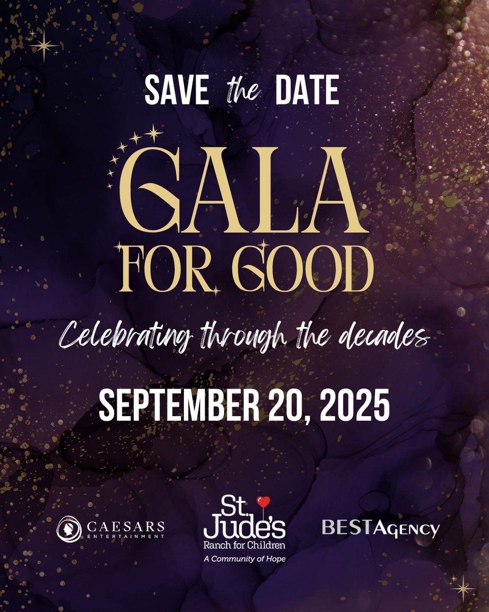 StJudesRanch's tweet image. Save the Date: Our Gala for Good is happening Sept. 20. ✨
This brand-new event will celebrate St. Jude’s Ranch for Children through the decades!
Join us @PHVegas with @CaesarsEnt and @BESTAgencyLV for food, drinks, music, fundraising and more.
GalaForGood25.givesmart.com