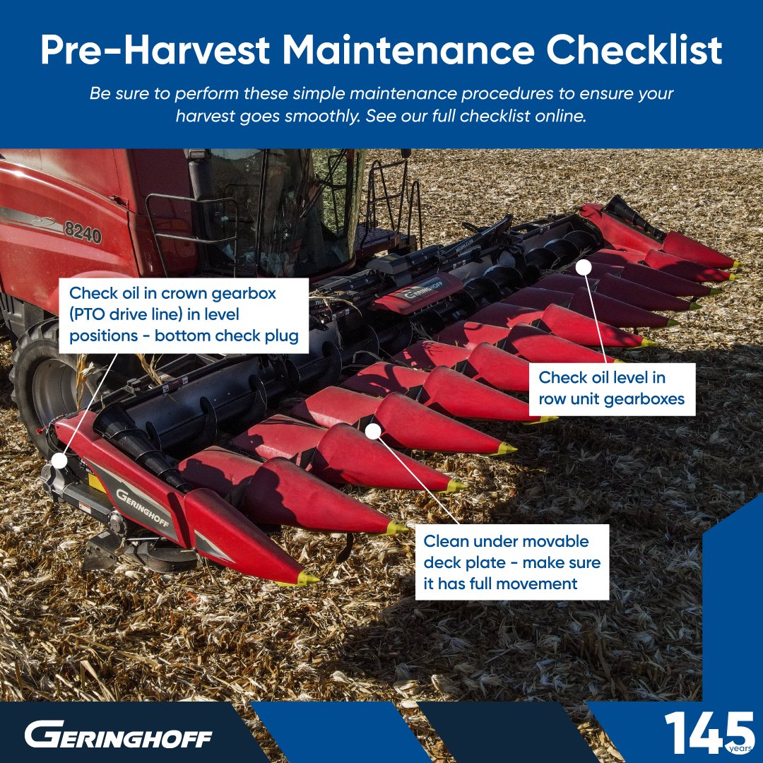 Harvest success starts w/preparation🛠️ 

Here are tips to help ensure your Geringhoff corn head is ready:
1️⃣ Check oil in all gearboxes
2️⃣ Grease row units
3️⃣ Clean under deck plates

Visit geringhoff.com/maintenance-ti… for more tips and our full corn head pre-season checklist! 🌽📝
