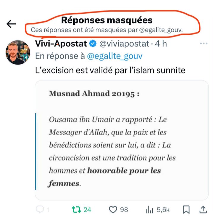 Le gouvernement français a tweeté sur l’excision. 

Ils ont censuré mon commentaire quand j’ai montré que l’islam autorise l’excision 😵‍💫