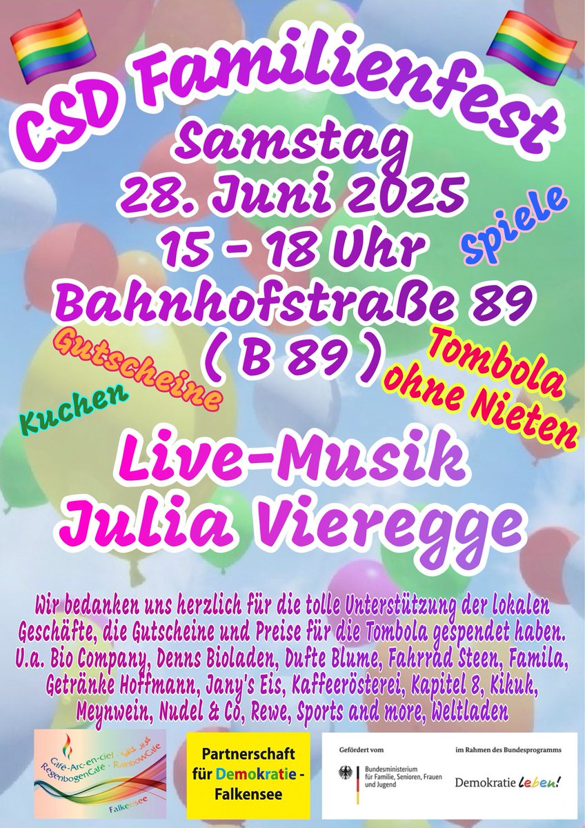 Als Teil der 1. Pride-Week in Falkensee laden wir alle ganz herzlich zu unserem CSD Familienfest am Samstag 28.06.25 von 15-18 Uhr in der B89 ein.
❤️🧡💛💚💙💜
Live-Musik mit Julia Vieregge!
❤️🧡💛💚💙💜
Große Tombola mit tollen Gewinnen.
❤️🧡💛💚💙💜
#CSD #Falkensee #LGBTIQ