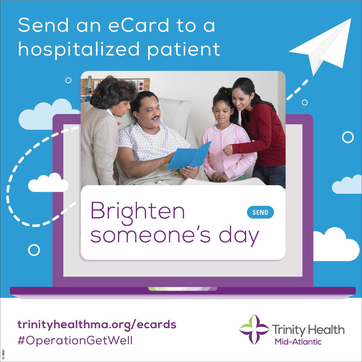 Being a hospital patient isn't easy. And sometimes you can’t visit. So send a greeting card. Just select a design on our website, write a note and submit. It will be delivered to your loved one by the next business day. #OperationGetWell trinityhealthma.org/ecards