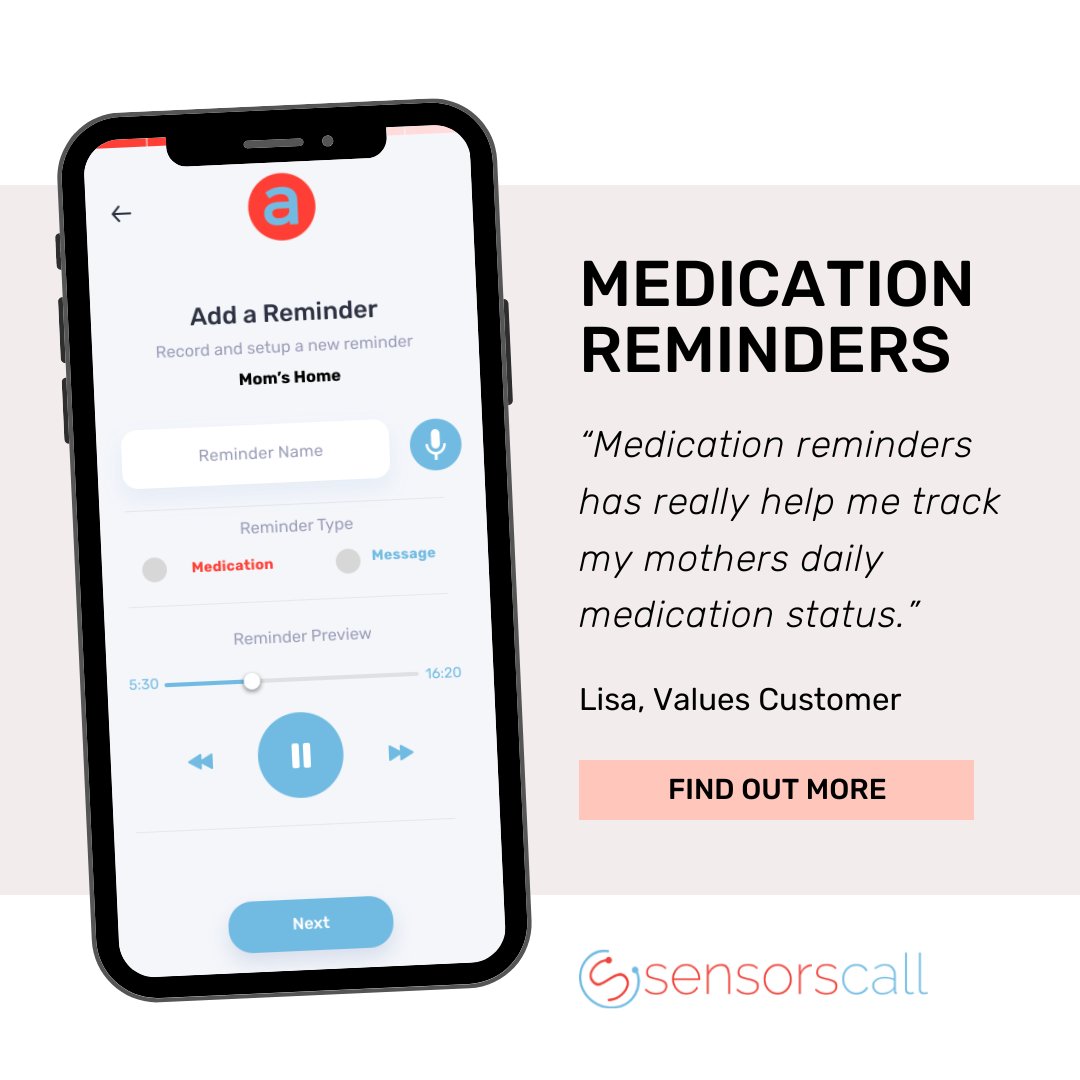 Never miss a medication dose again! CareAlert notifies of activity pattern deviations and schedules personalized reminders, all without bulky pillboxes.

Set custom pre-recorded reminders in your caregiver's voice. 💊💡 sensorscall.com 

#SensorsCall #MedicationReminders