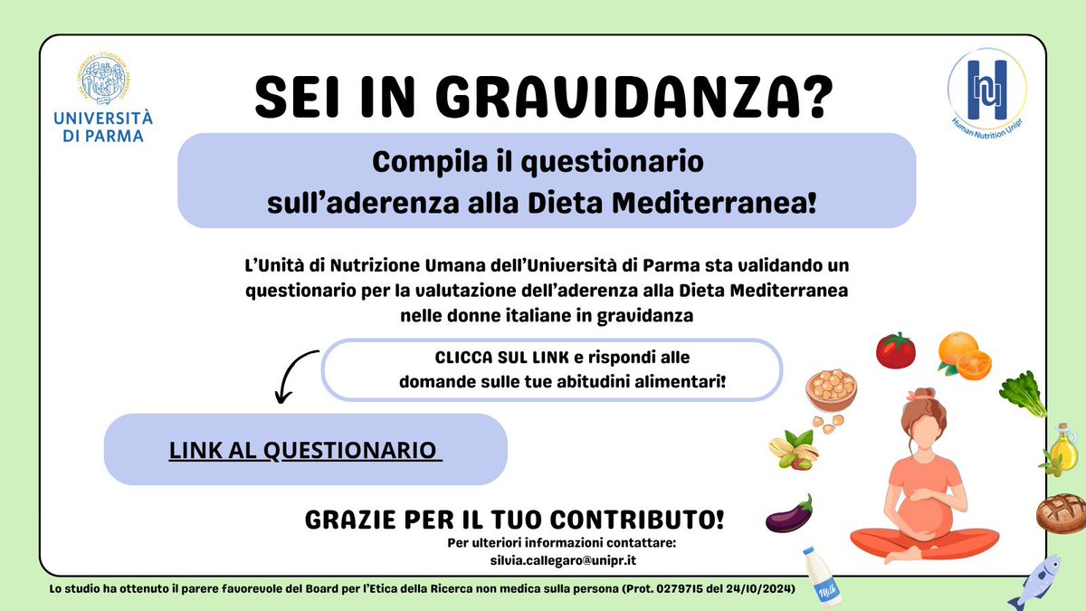 Sei in gravidanza?
L'Unità di Nutrizione Umana dell'Università di Parma sta validando un questionario per valutare l'aderenza alla Dieta Mediterranea nelle donne italiane in gravidanza. 
Ti bastano 5 minuti!
Clicca 👉🏼 ec.europa.eu/eusurvey/runne… 

Grazie mille per il tuo contributo!