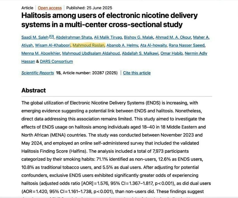 Mahmoudd_Raslan's tweet photo. هسيبكم مع العظمة دى
Enjoy reading ❤🥳
أخيراا تم النشر على موقع مجلة Scientific Reports التابعة ل Nature ، 
Q1 ، If 4.6 
“Halitosis among users of electronic nicotine delivery systems in a multi-center cross-sectional study,”
  🔗https://t.co/61gZZJI1wa https://t.co/aDK4Tqbw3l