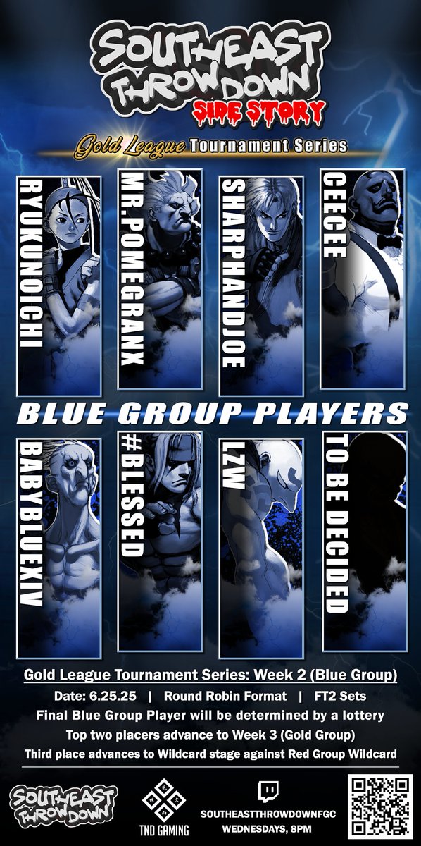 SeThrowdown3S's tweet image. Tonight is Week Two of our side-story, The Gold League Tournament Series ⭐
The Blue Group Round Robin goes down tonight! And, there is one spot open ⚡
We will choose the final Blue Group player by a randomizer on stream.
The action starts at 8pm on twitch.tv/southeastthrow…