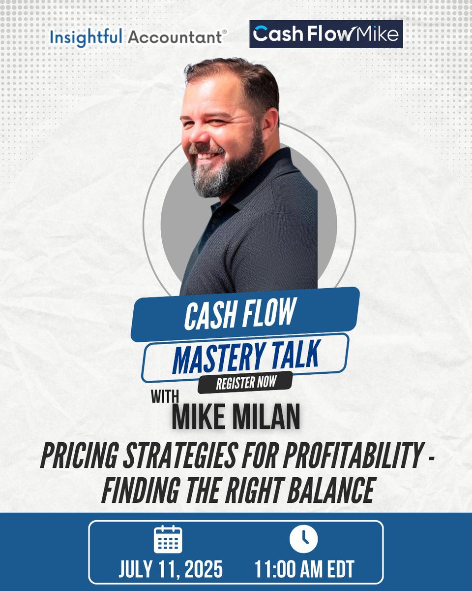 InsightfulActnt's tweet image. 💰 Cashflow Mastery Talks with Mike Milan

Ready to master your cash flow in 2025?
Register once to access all future sessions: hubs.li/Q03tCfcc0

#CashFlowMastery #ProfitabilityMatters #InsightfulAccountant #TopProAdvisor #BookKeeper