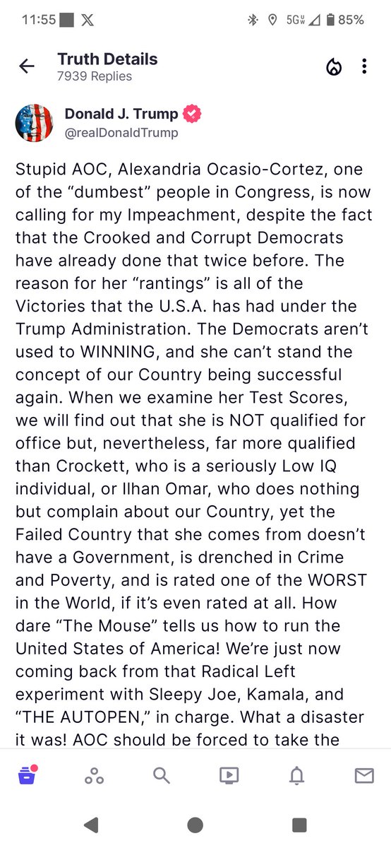 NJones8819's tweet photo. My 9 year old knows better than this behavior, dude threw a tantrum because he doesn't like AOC, honestly at his very old age of 79 it's really really pathetic. #voteblue2025 @michaeljknowles you really support this behavior? His truth Social account is full of post like this. Not Presidential behavior. @CoryBooker @CAgovernor Are leaders who understand A couple simple facts when it comes to not just leadership, but politics you have to carefully take into consider both sides of the aisle. Give respect even those you disagree with and. It's not always a one-size-fits-all and in a diverse country such as ours, there's always going to be concessions in order to get stuff done. Bipartisanly you have to give something up in order to get something you want, Trump Obviously doesn't Understand anything about leadership. #change #midterms #flipCongress