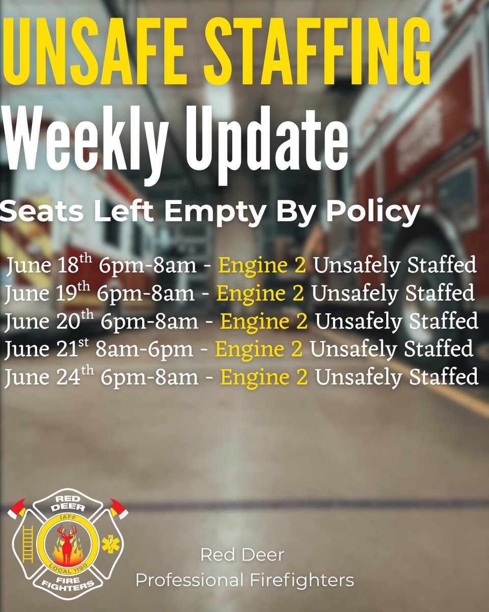 UNSAFE STAFFING: Weekly Update

For yet another week, Engine 2, one of the busiest trucks in Red Deer, was left unsafely staffed on multiple occasions.

Seats were left empty by the city’s policy.

That’s 66 hours where fire protection in Red Deer’s north end was critically