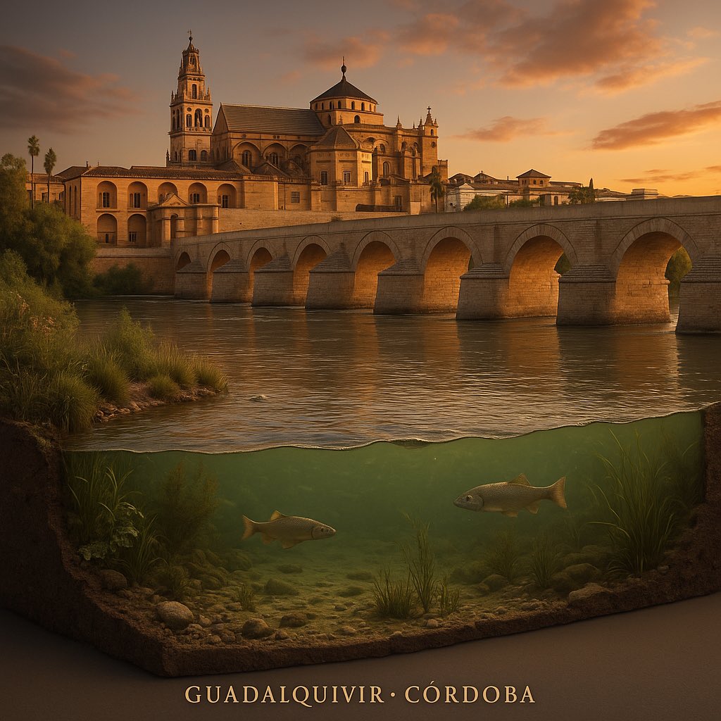 Cucha el prompt que veo y pruebo con mi ciudad #CordobaEsp #ChatGPT 

Photorealistic 3D cross-section of the Guadalquivir river at Córdoba with Mezquita and Puente Romano in the far foreground, highly-detailed, studio background, at sunset --ar --s 100