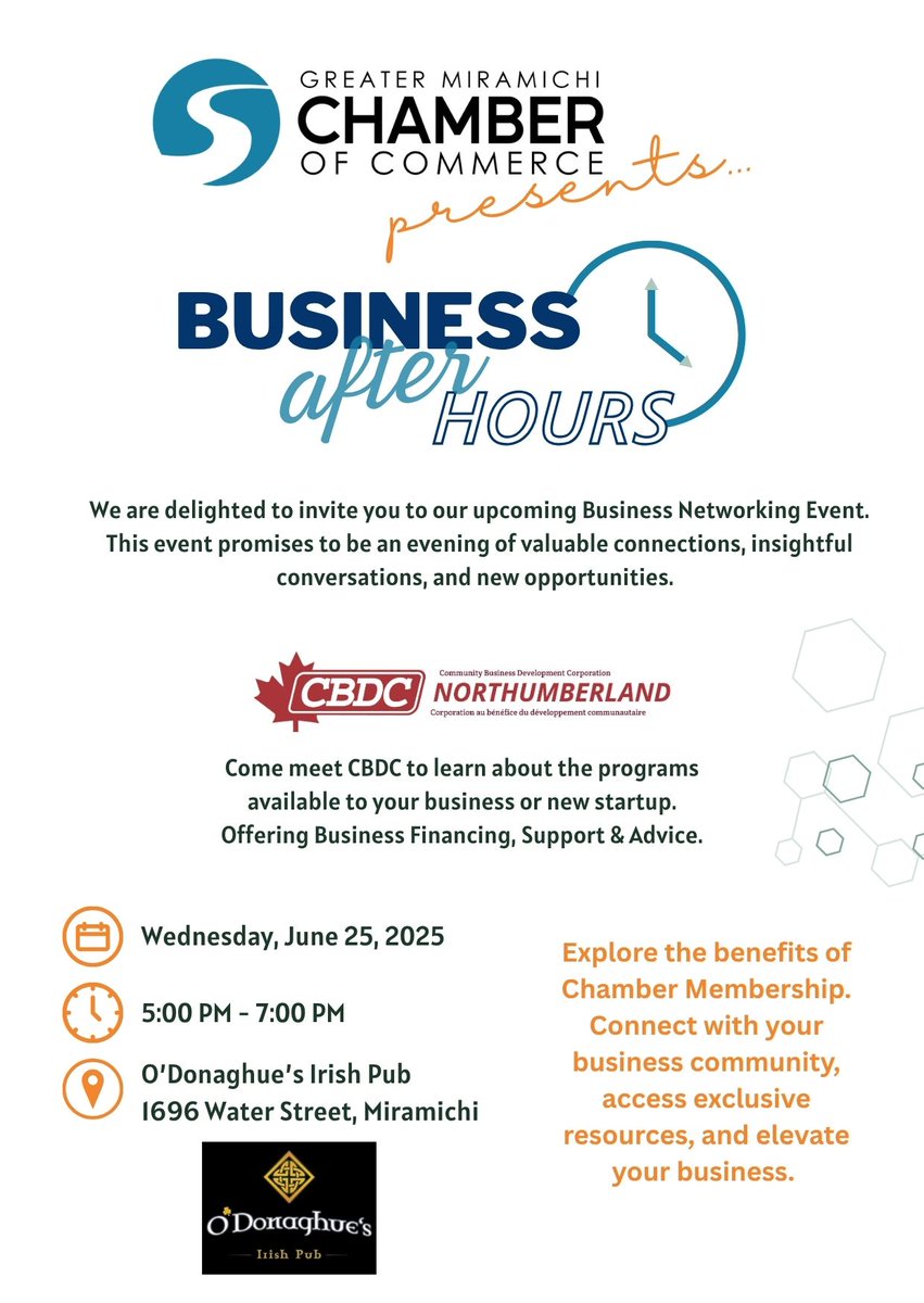 Business After Hours event today June 25 - Pop by from 5-7 pm come meet the Chamber and CBDC at O'Donaghue's Irish Pub
see you soon