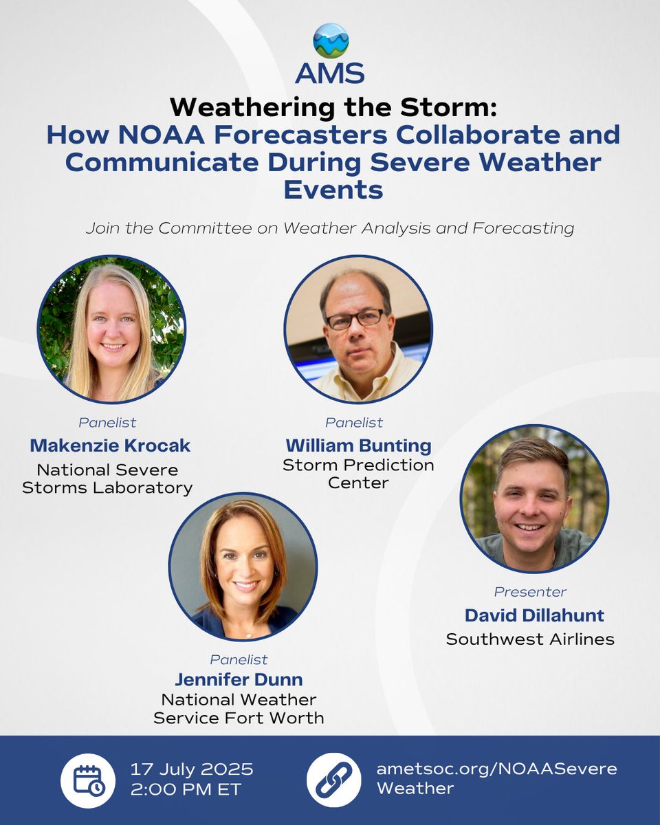 AMS_WAF's tweet image. 🚨 We are 3 WEEKS away from our upcoming webinar! 🚨
Join us on July 17th, 2025 at 2PM ET to hear from our panelists on forecaster collaboration and communication during severe wx events! ⛈️ This is not one you’ll want to miss! @ametsoc #AMSWAF