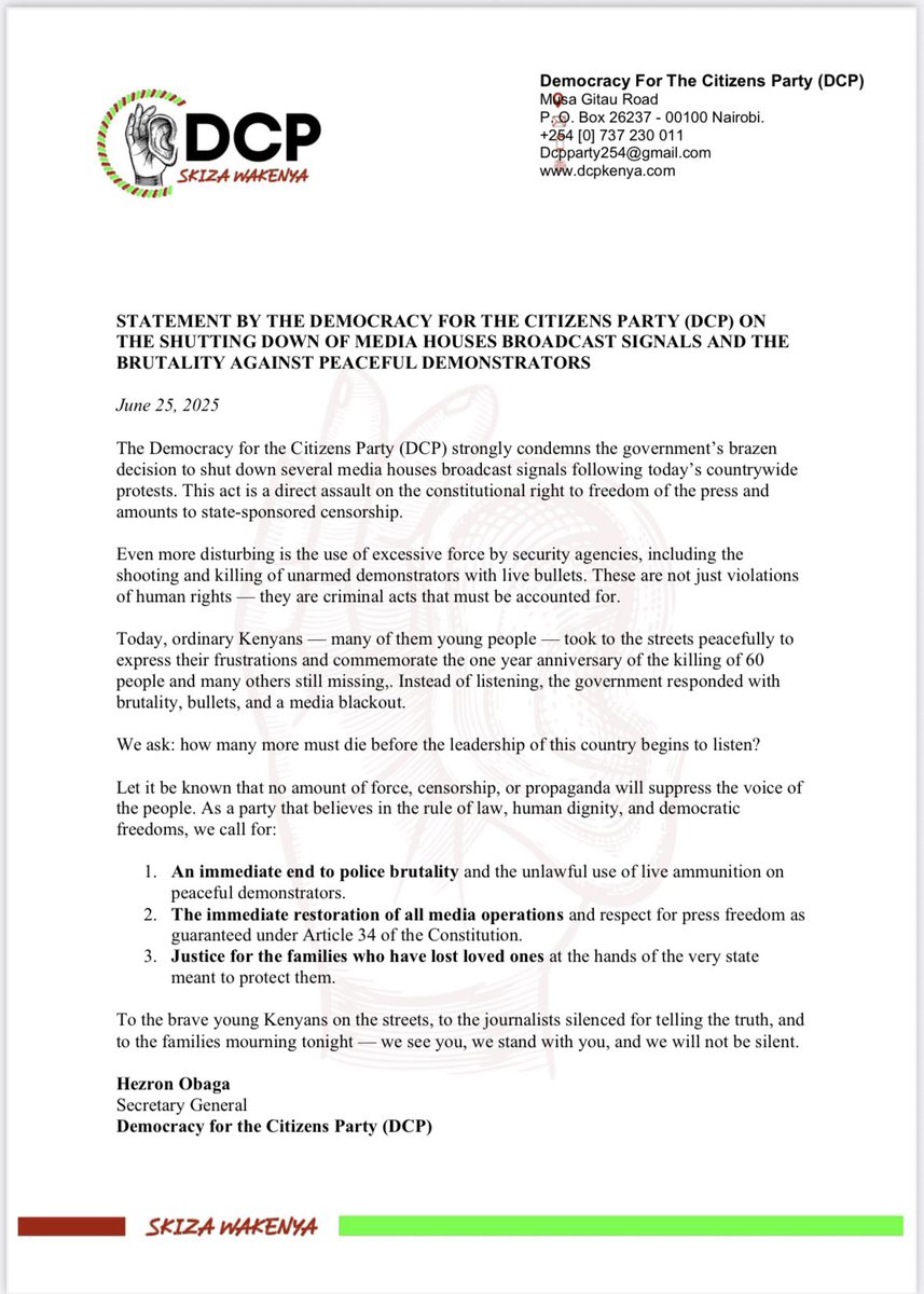 Statement by the Democracy For The Citizens Party DCP, on today’s Demonstrations.