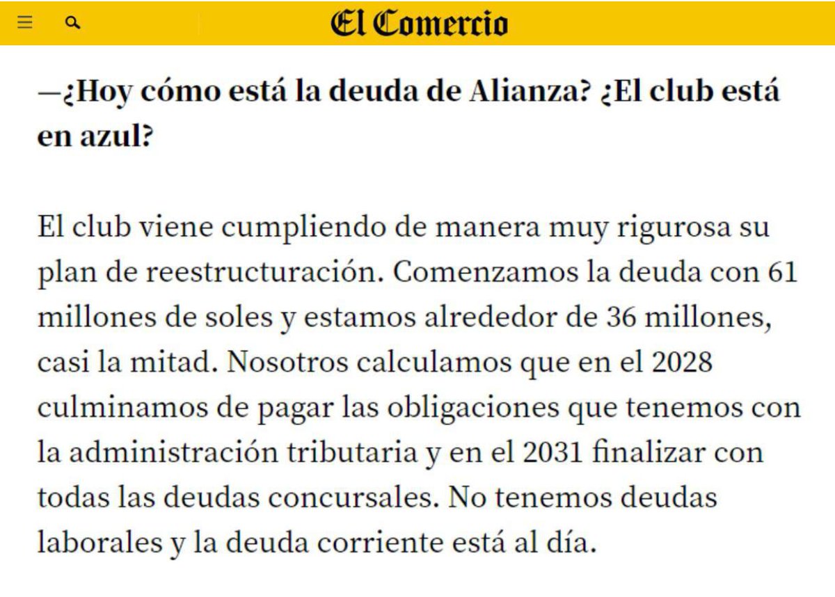 JorgeZunigaADP's tweet image. Aprovecho que le preguntan a @grok sobre la deuda concursal de Alianza Lima para recordar lo que dije en El Comercio. El club viene cumpliendo puntualmente con el plan de reestructuración, honrando ya cerca del 50% de sus acreencias.
El compromiso y los principios siguen firmes.