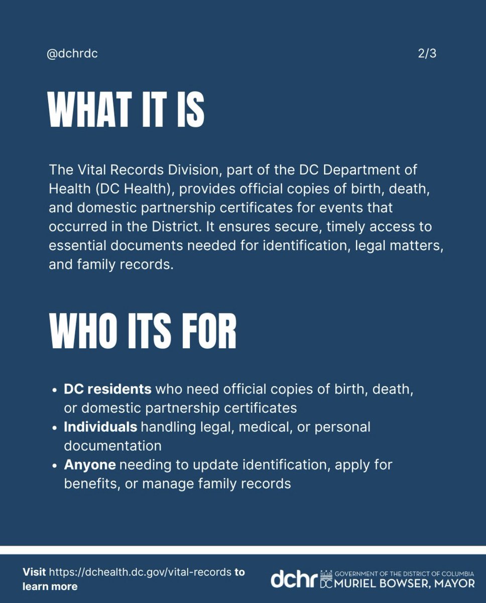 dchrDC's tweet image. The DC Vital Records Division makes it easy to get certified copies of birth, death, and domestic partnership certificates. Order online, by mail, or in person.
#DCHR #DCHealth #DCVitalRecords #OfficialDocs #HereToHelpDC
