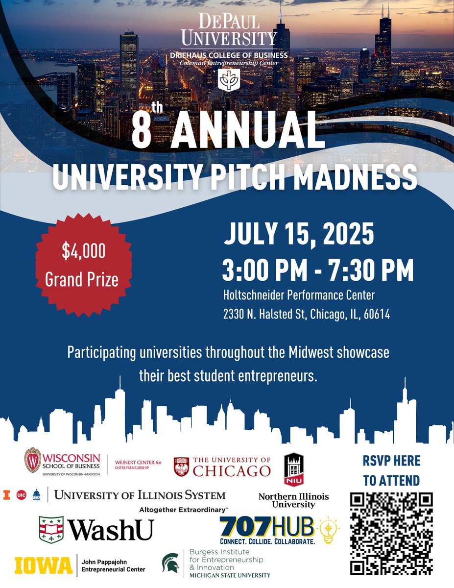 ColemanCenter's tweet image. 🚨 Pitch Madness is back July 15! 🚀
Watch DePaul students compete with top student entrepreneurs from across the U.S. 🌎
Enjoy food, drinks, networking &amp;amp; vote for your favorite startup! 💙
RSVP here: depaul.startuptree.co/event/s/AEReMP…

#PitchMadness #DePaulEntrepreneurship #BlueDemonPride