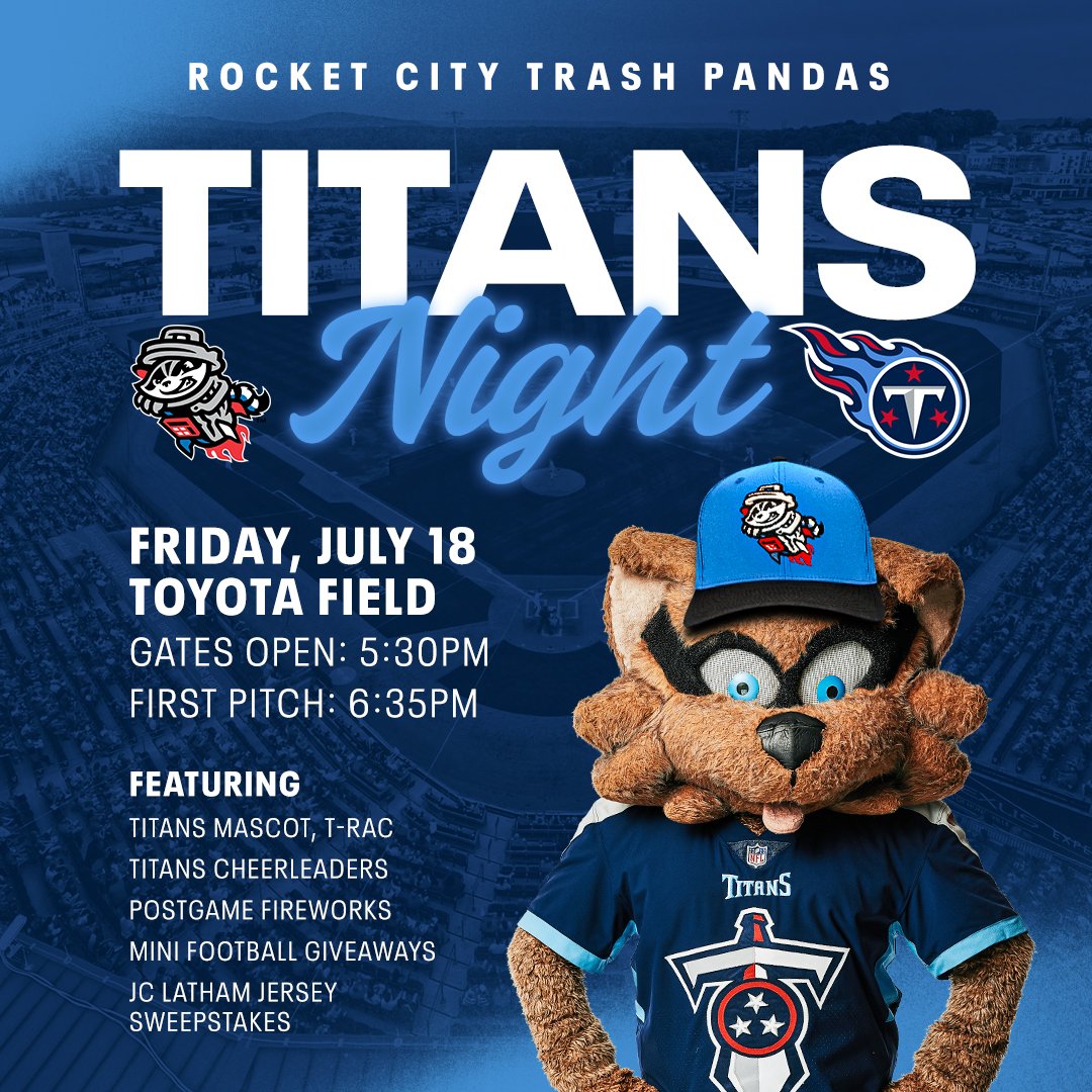 trashpandas's tweet photo. On July 18, it's @Titans Night with the Trash Pandas!  

T-Rac and Titans Cheerleaders will be in the house, and the first 1,000 fans will receive a mini football. There will also be a JC Latham Jersey Giveaway and fireworks after the game!!   

GET YOUR TICKETS: https://t.co/Jz9XNo2MHB