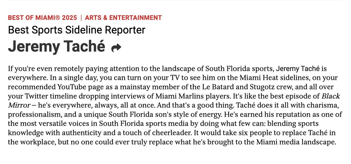 Legitimately honored to be featured as Best Sports Sideline Reporter for the <a href="/miaminewtimes/">Miami New Times</a> Best of Miami 2025

This is probably the kindest thing that's ever been written about me, so thank you to whoever wrote it, and congrats to all the other winners!

miaminewtimes.com/best-of-miami/…