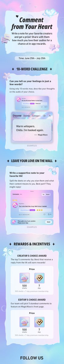 DrVASMR's tweet image. Show some ❤️ to your fave @magicwaveaudios creators! From now until July 25, drop a shoutout—10 words or a full love letter. Your comment could earn you shells, premium time, &amp;amp; a feature! 🌟
#MagicWave #DrV #CommentFromYourHeart #VAAppreciation #VoiceLover