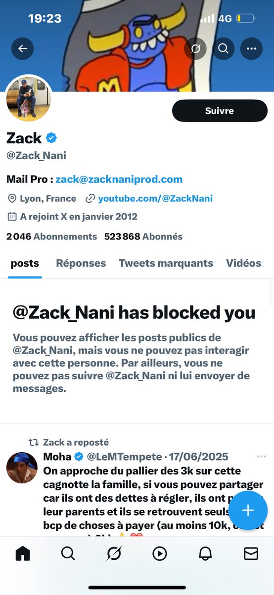Il m’a bloqué aussi, parce que j’ai demandé que les influs soutiennent le club, la vérité fait mal