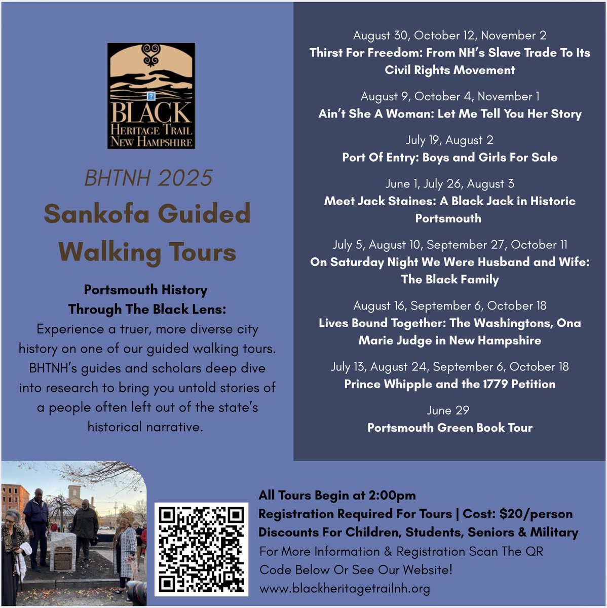 BlackHeritageNH's tweet image. Join us for our Historical Walking Tours—an immersive experience that brings local history to life through the streets, landmarks, and voices of the people who lived it. Reserve your spot now! Visit our website for more information. 
#nhhistory #tourlife #blackhistory #education
