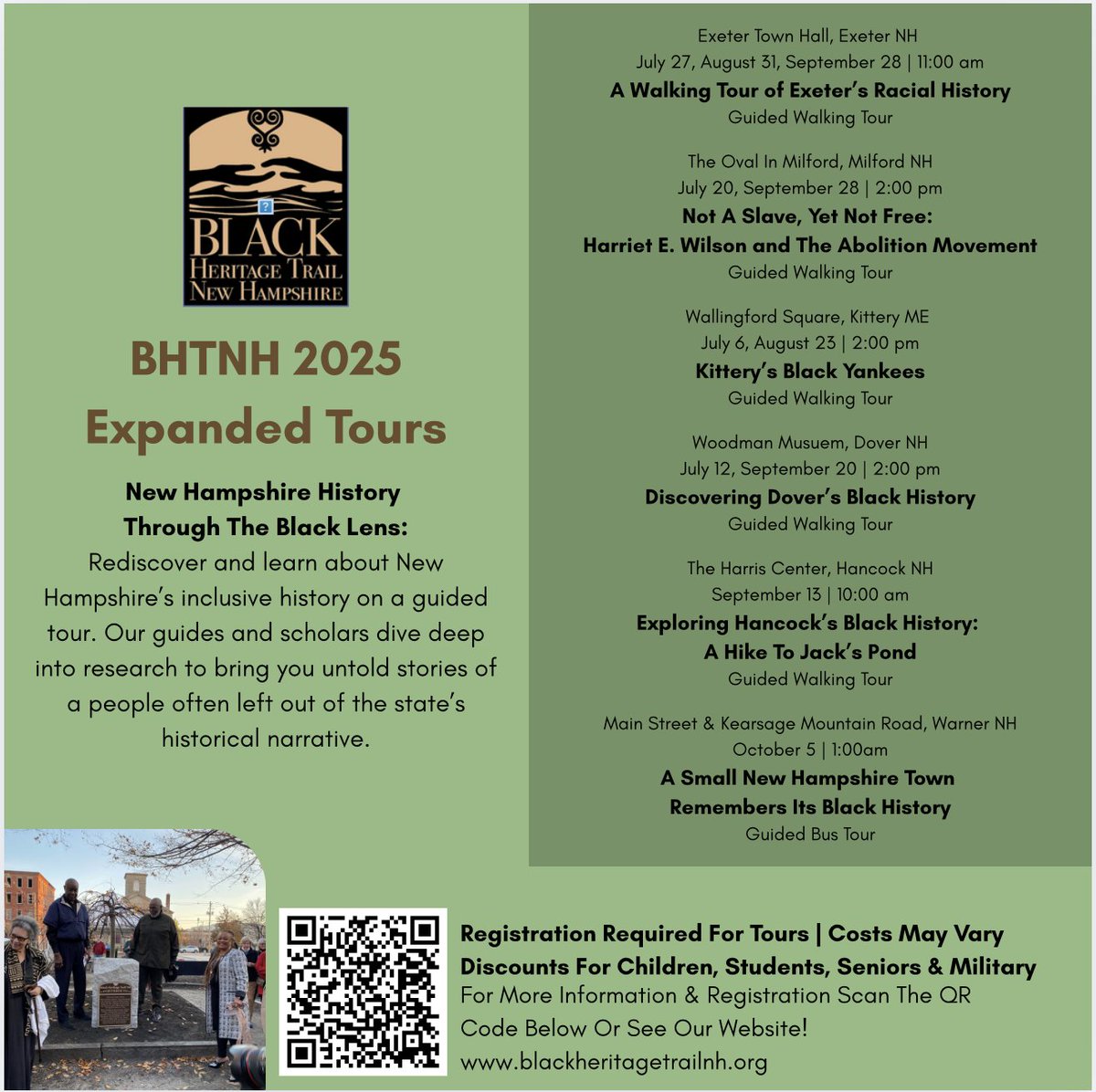 BlackHeritageNH's tweet image. Join us for our Historical Walking Tours—an immersive experience that brings local history to life through the streets, landmarks, and voices of the people who lived it. Reserve your spot now! Visit our website for more information. 
#nhhistory #tourlife #blackhistory #education