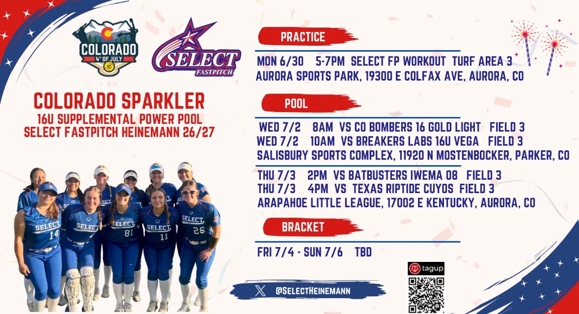 Onto the Colorado Sparkler next week!! Here is our practice and tournament schedule🔥🔥

<a href="/SelectHeinemann/">Select Fastpitch 16u Heinemann</a> <a href="/ejonesrockchalk/">Eric Jones - Select Fastpitch</a>