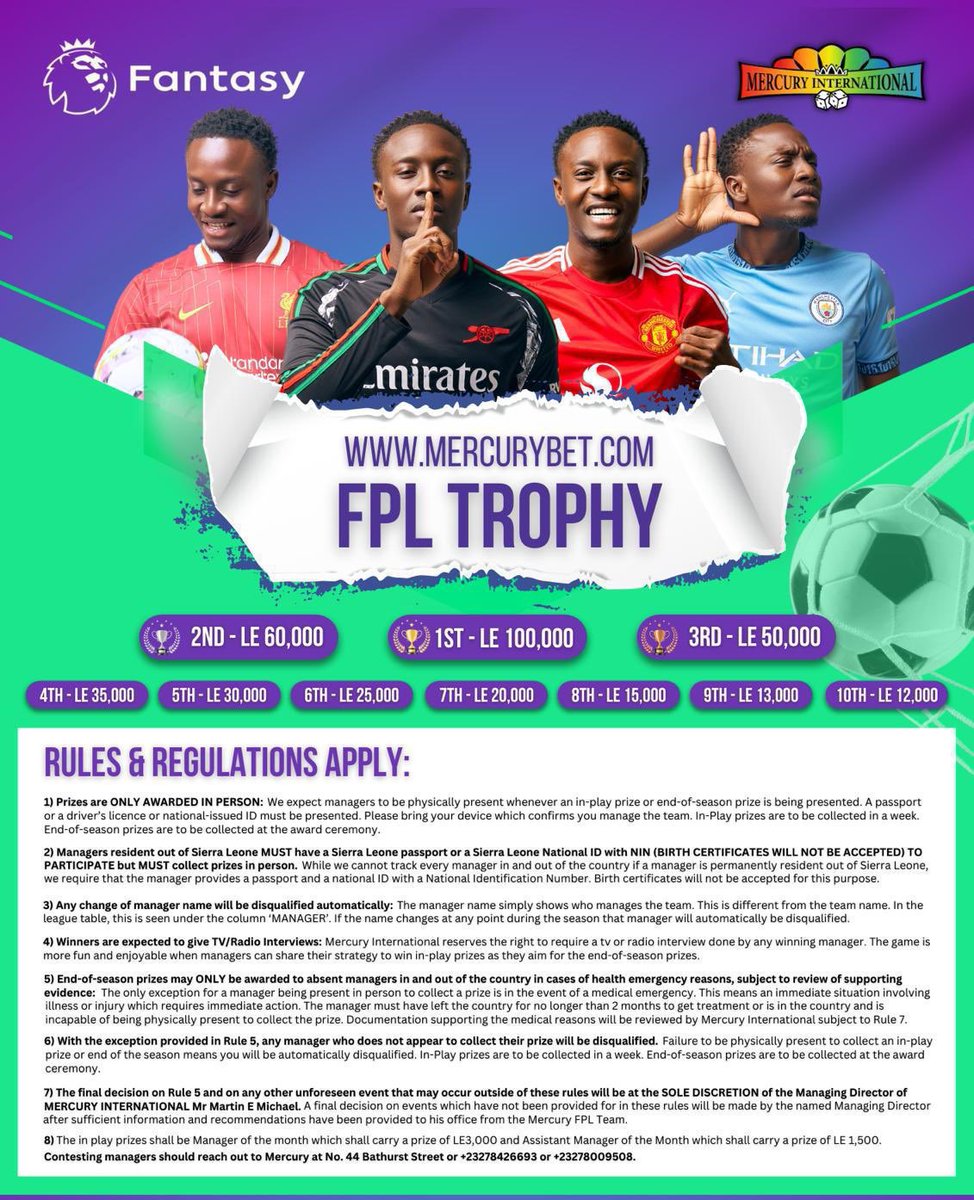 MercuryTrophySL's tweet photo. 🚨 A N N O U N C E M E N T 🚨

Award Ceremony Confirmed!
Find full details below ⬇️ 

#SaloneX #FPL #MercuryBetFPLTrophy #FPLSierraLeone #FantasyPremierLeague #MercuryInternational https://t.co/DEolK39dIE