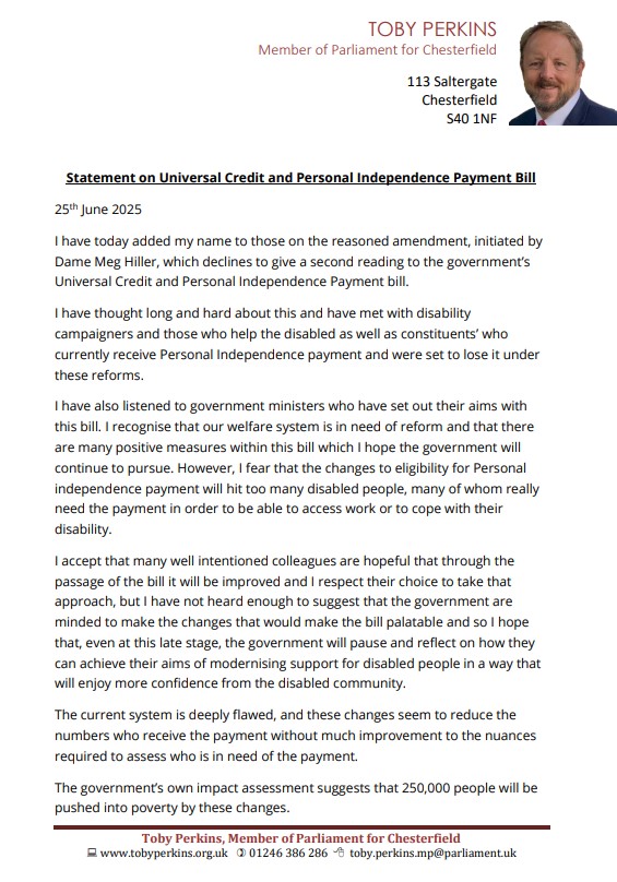 tobyperkinsmp's tweet photo. My statement on Universal Credit and Personal Independence Payment Bill https://t.co/lc8rt2fNQF