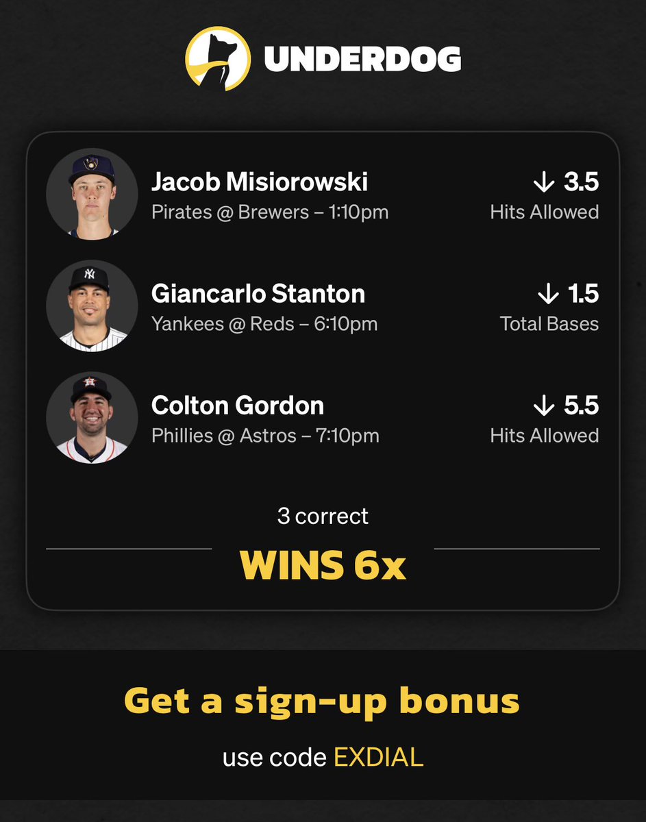 Underdog 6x 🎯

Here’s an MLB play with some nice value — games start soon so get it while you can 👊🏼

copy: play.underdogfantasy.com/es-gUAb3SU4iv