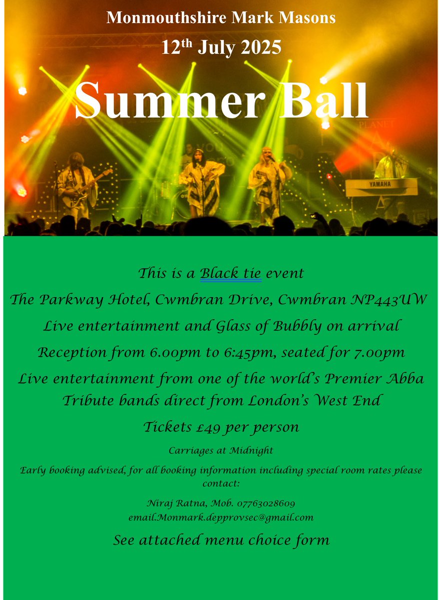 The Monmouthshire Mark Masons Summer Ball is open to all Monmouthshire Freemasons. Entertainment includes an ABBA tribute band from the #WestEnd 💃🕺